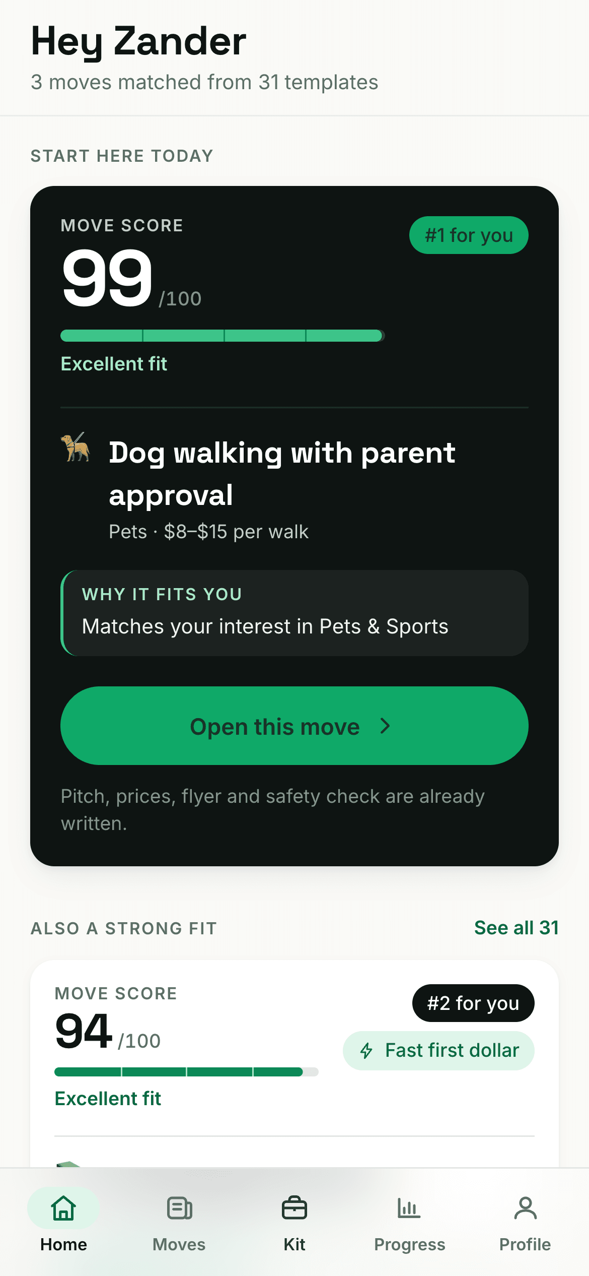 Bandr on a phone: ranked money moves with their scores shown openly