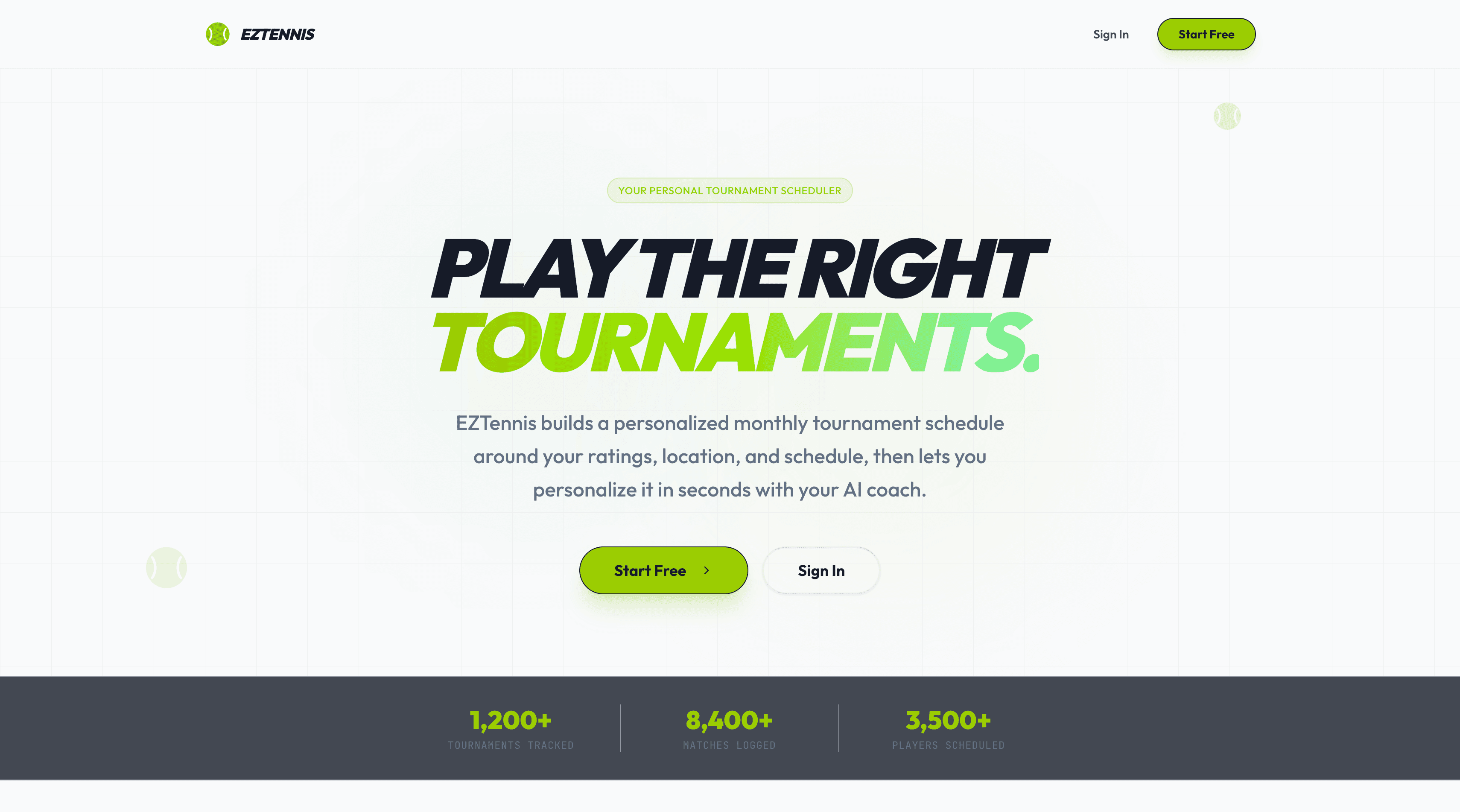 The EZTennis landing page: “Play the right tournaments”
