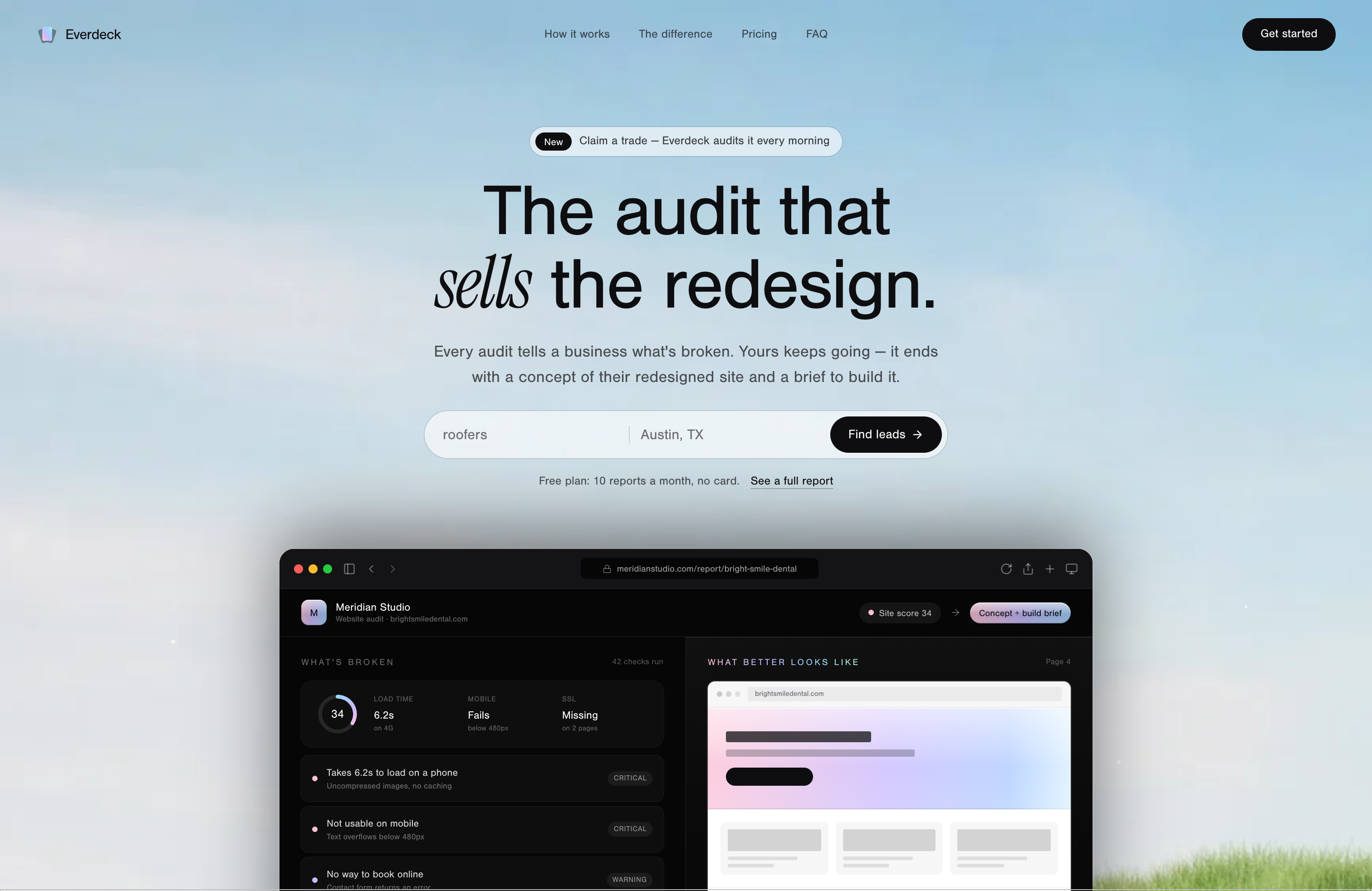 The Everdeck landing page: “The audit that sells the redesign”