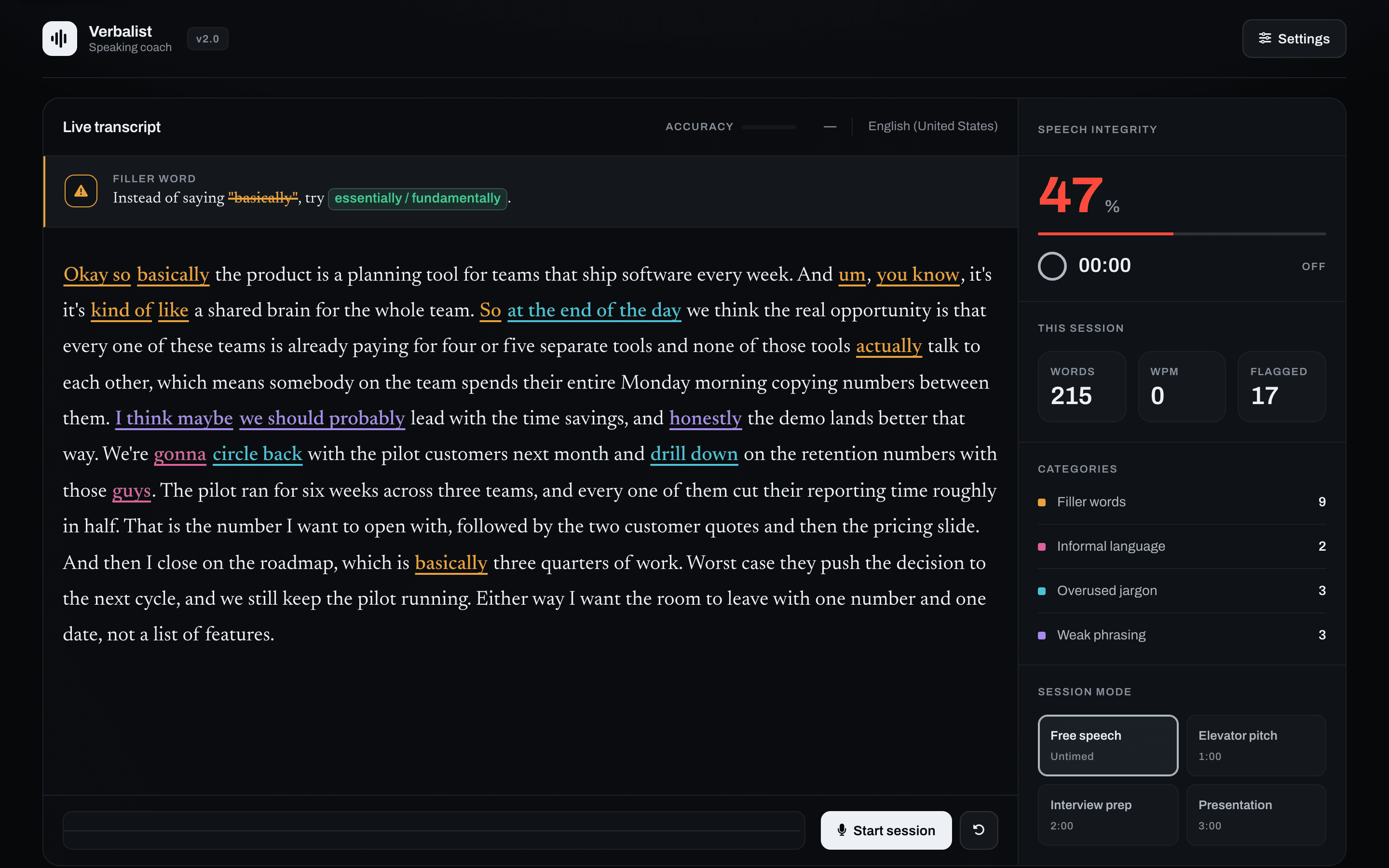 Verbalist analysing a spoken passage, filler words highlighted in the live transcript beside a speech score