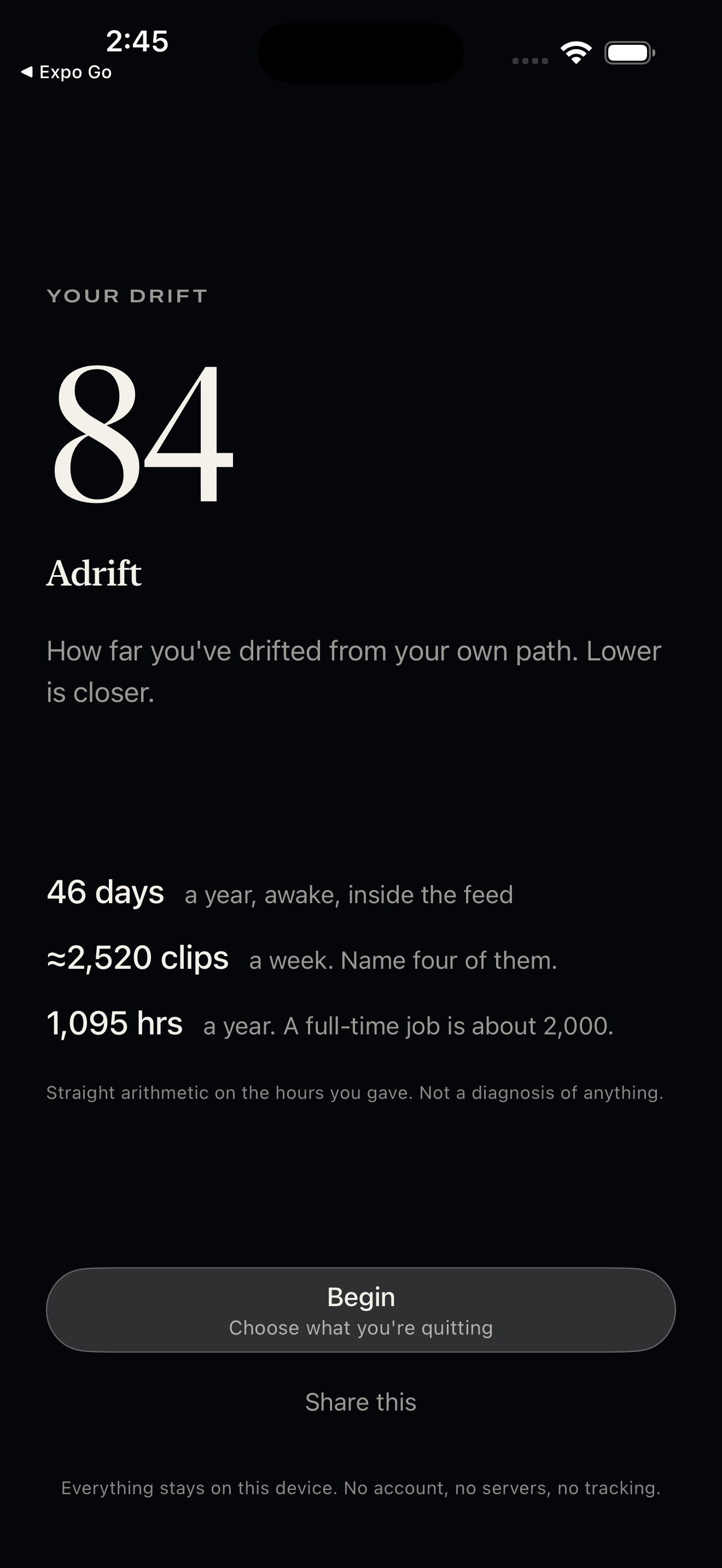 Zanshin’s reading, a drift score of 84, with the arithmetic underneath: 46 days a year awake inside the feed, about 2,520 clips a week, 1,095 hours a year